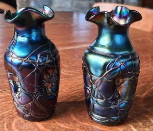 Antique Pair Iridescent Aubergine Threaded Glass Art Glass Vases, Pallme Konig - Picture 1 of 16