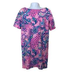 Lilly Pulitzer Girls Cotton Pink Blue Paisley Bird Print Short Sleeve Dress M - Picture 1 of 5