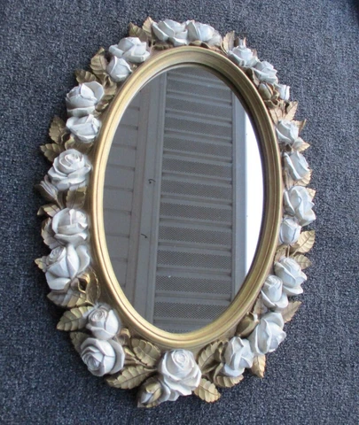 Home Interiors  White Roses  Wall Mirror Hollywood Regency 27" x 19" Homco VTG Cover