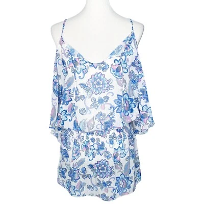 Becca Swim Coverup Women’s Size Medium Large Blue Floral Sheer Smocked - Image 1 of 4