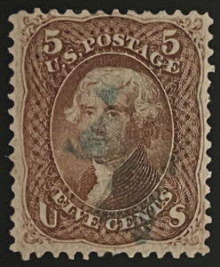 #95 Used, 1868 5¢ Jefferson "F" Grill Brown Shade VF/XF with Blue Cork Cancel