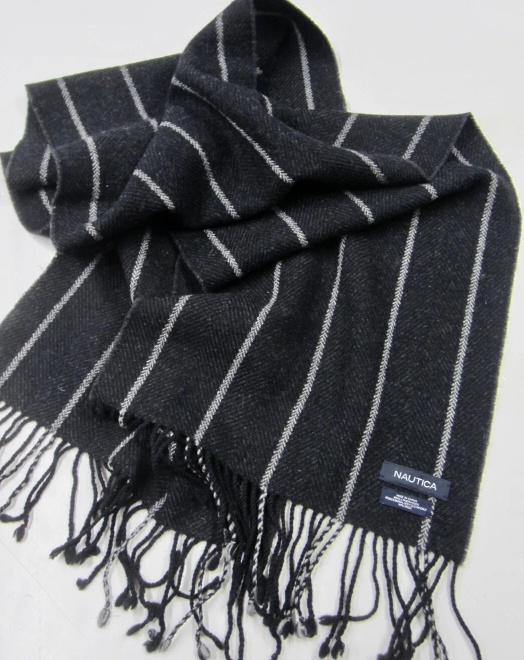 BUFANDA GRANDE DE LANA DE CORDERO NAUTICA carbón y gris claro a rayas espiga Foto 1 de 4