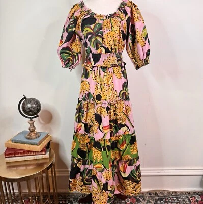 Farm Rio Toucananas Maxi Dress Size XS Tropical Cotton Tiered Ruffle Puff Sleeve - Image 1 of 4