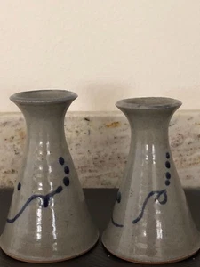 FRAZIER STONEWARE POTTERY Candlesticks Candle Holders Signed Blue Glaze Pair - Picture 1 of 11