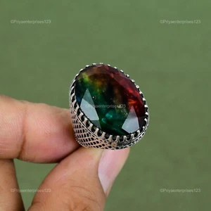 Oval Ammolite Stone Sterling Silver Ethnic Handcrafted Statement Ring Jewelry - Picture 1 of 6