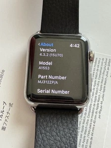 Apple Watch A1553 38mm 316L Stainless Steel w Black Leather Band - Picture 1 of 2