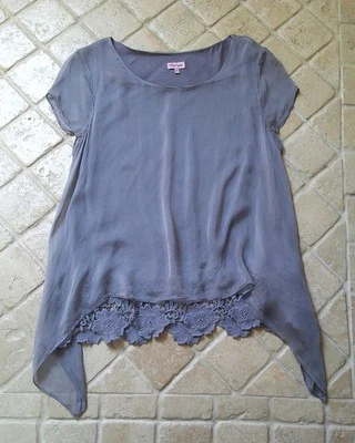 MONSOON GREY SILK TOP OVER JERSEY TOP WITH GUIPURE LACE TRIM. SIZE 12 - Image 1 of 3