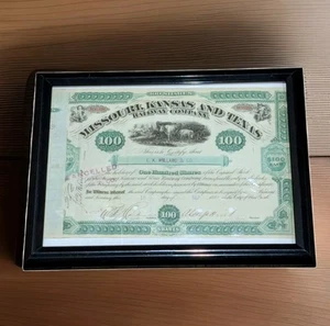 Certificado de acciones de Missouri Kansas & Texas Railway Company enmarcado raro de 1885 - Imagen 1 de 5