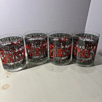 Juego de 4 vasos de vitrales Cera "Feliz Navidad" antiguos 12 oz Foto 1 de 4