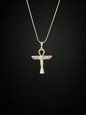 Egyptian Ankh Isis Necklace with Wings and Scarab Design in Gold Tone - Image 1 of 4