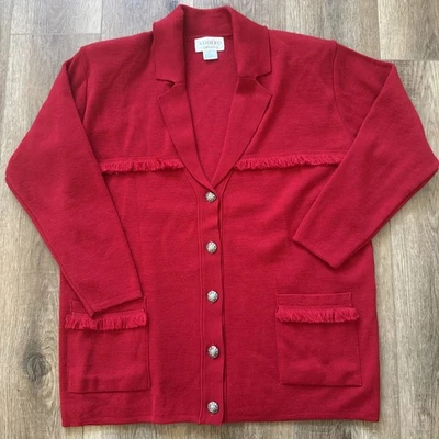 Suéter Cárdigan Adolfo Collectibles Mujer Mezcla de Lana Rojo Botón Flecos M D7 Foto 1 de 4
