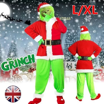 The Grinch Costume Mask Cosplay Adult Christmas Santa Suit Fancy Dress Outfit UK
