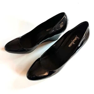 NEIMAN MARCUS Wedge Pump Women 10M Black Patent Leather 3.5" Stacked Heel Shoes  - Picture 1 of 7