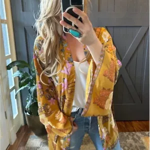 L New Boho Floral Kimono Sleeve Cardigan Floral Top Cover-Up Women's Size LARGE - Picture 1 of 12