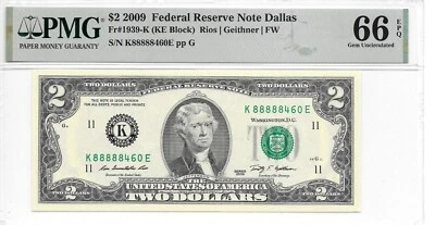 2009 Dallas $2 FRN Lucky Money KE Block PMG 66 EPQ Gem Uncirculated (K88888460E) - Image 1 of 2