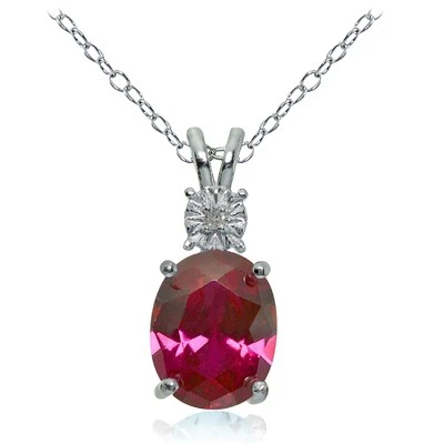 Sterling Silver Created Ruby and Diamond Accent Oval Necklace - Image 1 of 3