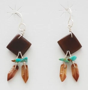 Native American Indian Jewelry Hand Carved Carnelian and Turquoise Earrings - Picture 1 of 1
