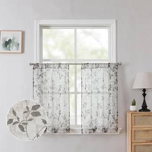 Tollpiz Taupe Leaves Sheer Tier Curtains Stripe Leaf Print Kitchen Short Curtain - Picture 1 of 12