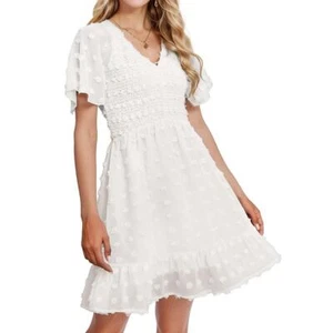 Tooluck Women's V Neck Smocked Swiss Dot Swing Flowy Ruffle Hem Mini Beach Dress - Picture 1 of 14