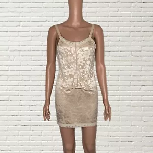 Vintage 90s Frederick’s Of Hollywood Corset Mini Slip Dress Beige Floral Print S - Picture 1 of 7
