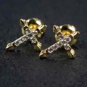 2Ct Round Moissanite Cross Men's Hoop Earring 14K Yellow Gold Plated Trending - Picture 1 of 4