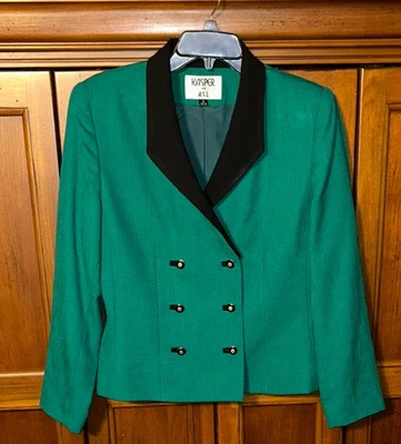 Women's KASPER A.S.L. Green Double Breasted Black Trim Jacket Size 8 Christmas - Image 1 of 4