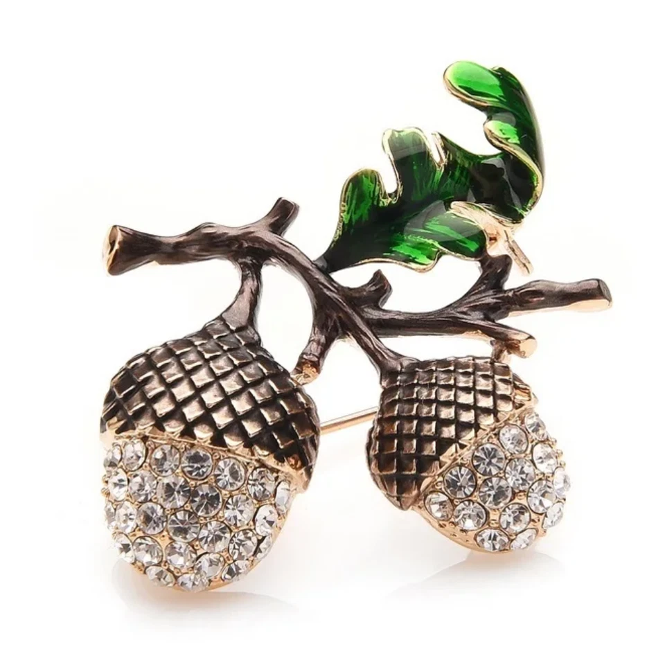 Vintage Rhinestone Acorn Brooch – Gold Autumn Leaf Pin, Fall Nature Jewelry Gift - Image 1 of 4