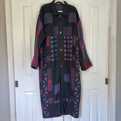 Maude Diggs Black Purple Blue Artsy Geometric Handwoven Long Jacket Size 2X - Image 1 of 4