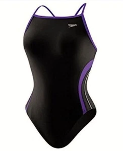 SPEEDO Rapid Splice Energy Back Black Purple 1pc Swim Suit NEW Youth Girls 12 28 - Picture 1 of 6