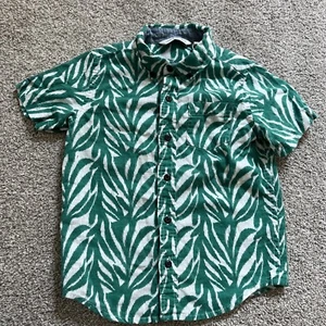 Janie Jack Button Down Short Sleeve Shirt Size 4 Boys Linen Cotton Green Zebra - Picture 1 of 3