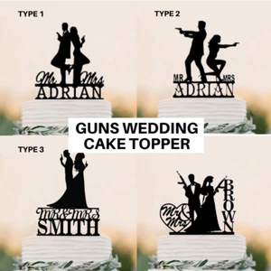 Personalized Guns Wedding Cake Topper Custom Name Mr & Mrs Weapon Decoration - Picture 1 of 17