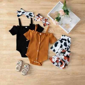 Toddler Infant Baby Girl Print Outfits Short Sleeve Bodysuit Flared Pants Set - Picture 1 of 12