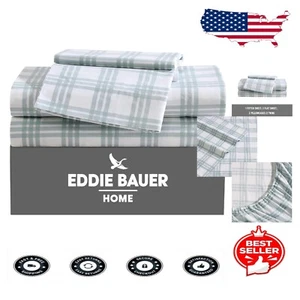 Luxurious King Cotton Percale Sheets – Crisp Light Green Plaid Bedding Set - Picture 1 of 8