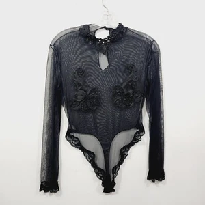 Vintage Lady Lynne Teddy Bodysuit Lingerie S Small Black Sheer Mesh Lace Thong - Picture 1 of 20
