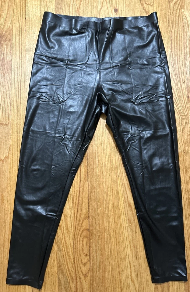 HUE Women's Leatherette High Rise Leggings sz 2X 20W-22W Black Faux Leather