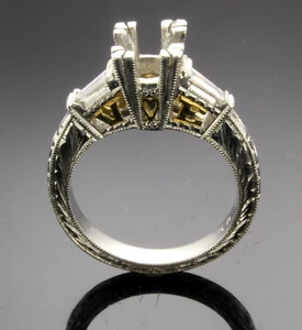 Platinum & 18k Gold Diamond Hand Engraved 3 stone Semi Mount - Picture 1 of 6