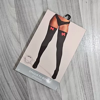 Meias Ann Summers pretas opacas coxa alta com laço vermelho PU, tamanho M - Imagem 1 de 3