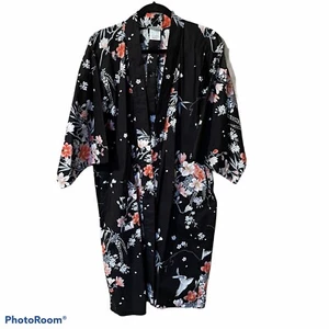 Japan Kimono Stil Baumwolle Morgenmantel Bindeband Taille schwarz rosa Blumen Fronttasche Gr. S - Bild 1 von 11
