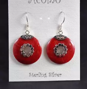 Acomo Sterling Silver 925 Red Coral Earrings Ear Wires Handcrafted Artisan B24 - Picture 1 of 11