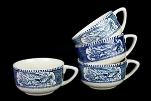Vintage Currier & Ives "The Star of the Road" Blue Flat Handle Cup 3½" - Picture 1 of 4