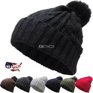 POM POM Beanie Braided Color Plain Winter Cap Skull Hat Ski Knit Warm Cuff New - Imagen 1 de 21