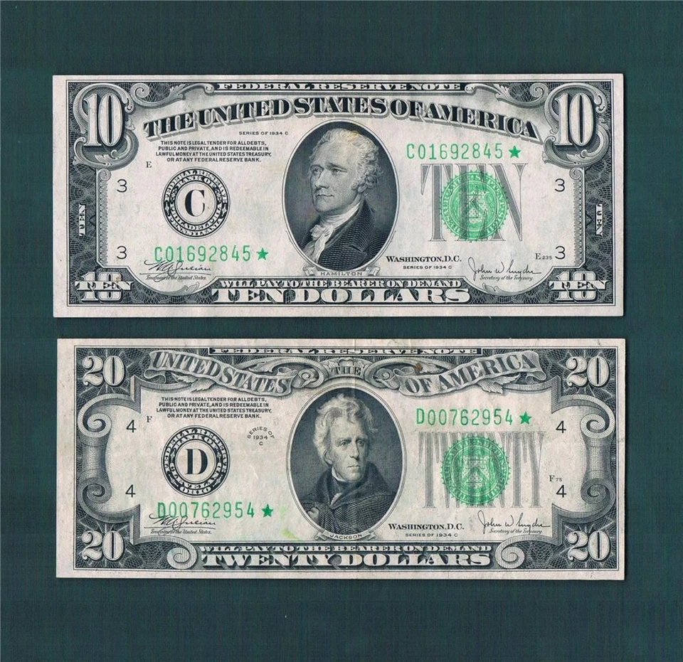$10.00 & $20.00 1934C Federal Reserve(C-STAR & D-STAR)~Nice Vintage Collectables - Image 1 of 1