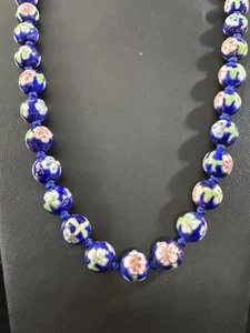 Vintage chinesische Export blau und rosa Emaille Cloisonne Perlen Halskette 25" H12 - Bild 1 von 18