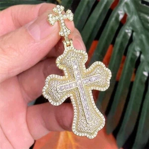 3Ct Lab Created Diamond Men's Cross Religious Pendant 14K Yellow Gold Plated - Picture 1 of 3