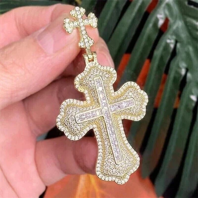 3Ct Lab Created Diamond Men's Cross Religious Pendant 14K Yellow Gold Plated - Image 1 of 3