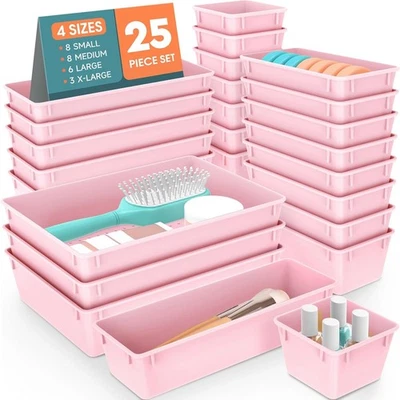Juego organizador de cajones de 25 piezas - Contenedores de plástico rosa para escritorio, maquillaje, cocina Foto 1 de 4