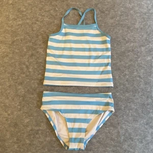 Hanna Andersson Girls Size 10 Blue and White Striped Tankini 2 Piece Bathing - Picture 1 of 12
