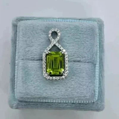 Lab Created Peridot 3.00Ct Emerald Cut Charm Halo Pendant 18''White Gold Plated - Image 1 of 4
