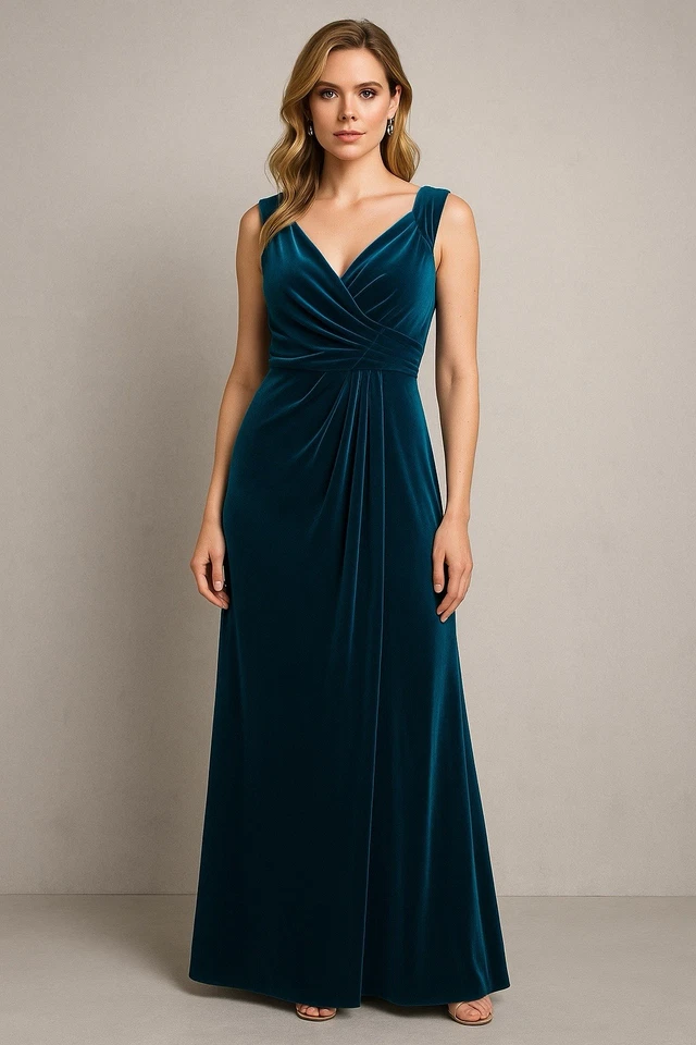 Vintage Peacock Blue Velvet Gown Cachet 90s Evening Formal Maxi Dress 8 - Image 1 of 4