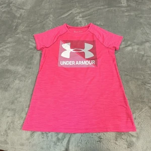 Under Armour Girl's Tee Shirt Size Youth L Heat Gear Short Sleeve Pink Logo UA - Picture 1 of 9